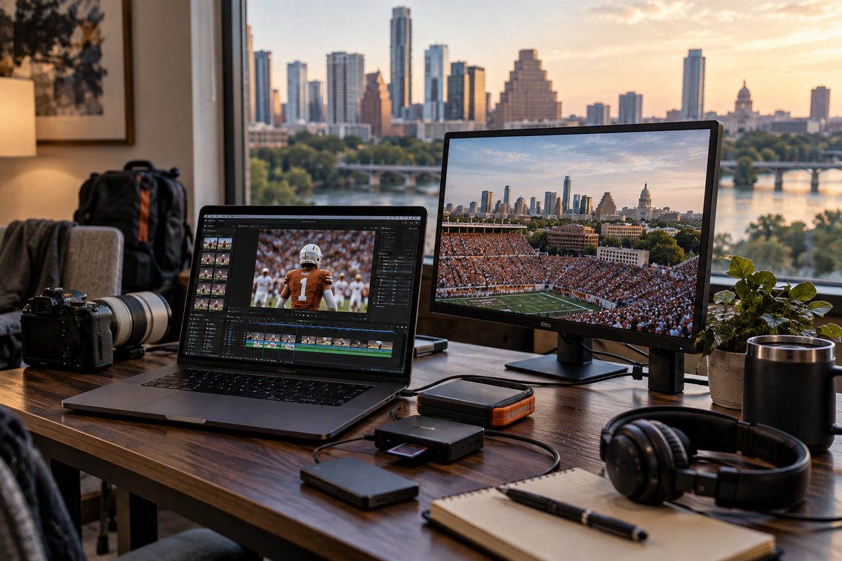 Editorial studio desk with editing laptop, reference monitor, and audio headphones.