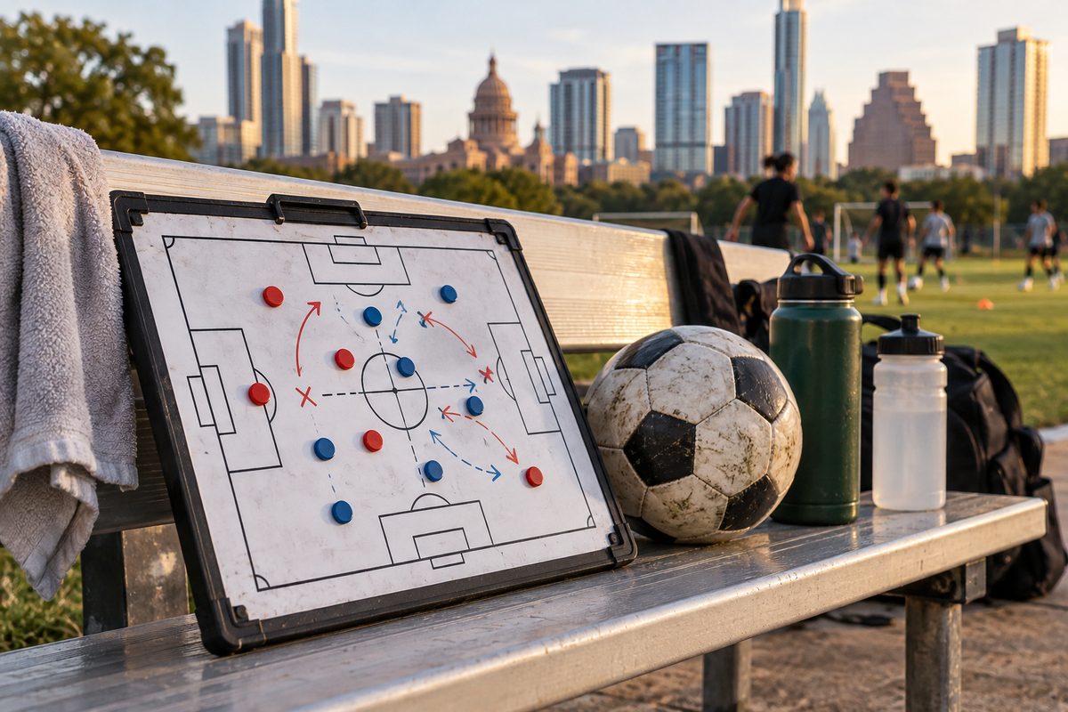 Tactical whiteboard with player positions and soccer ball on a sideline bench.