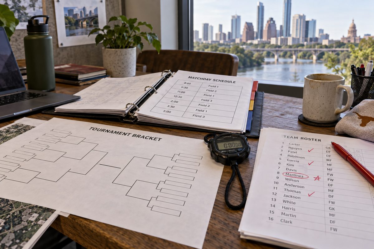 Printed tournament fixture sheets, match brackets, and stopwatch on an editorial desk.