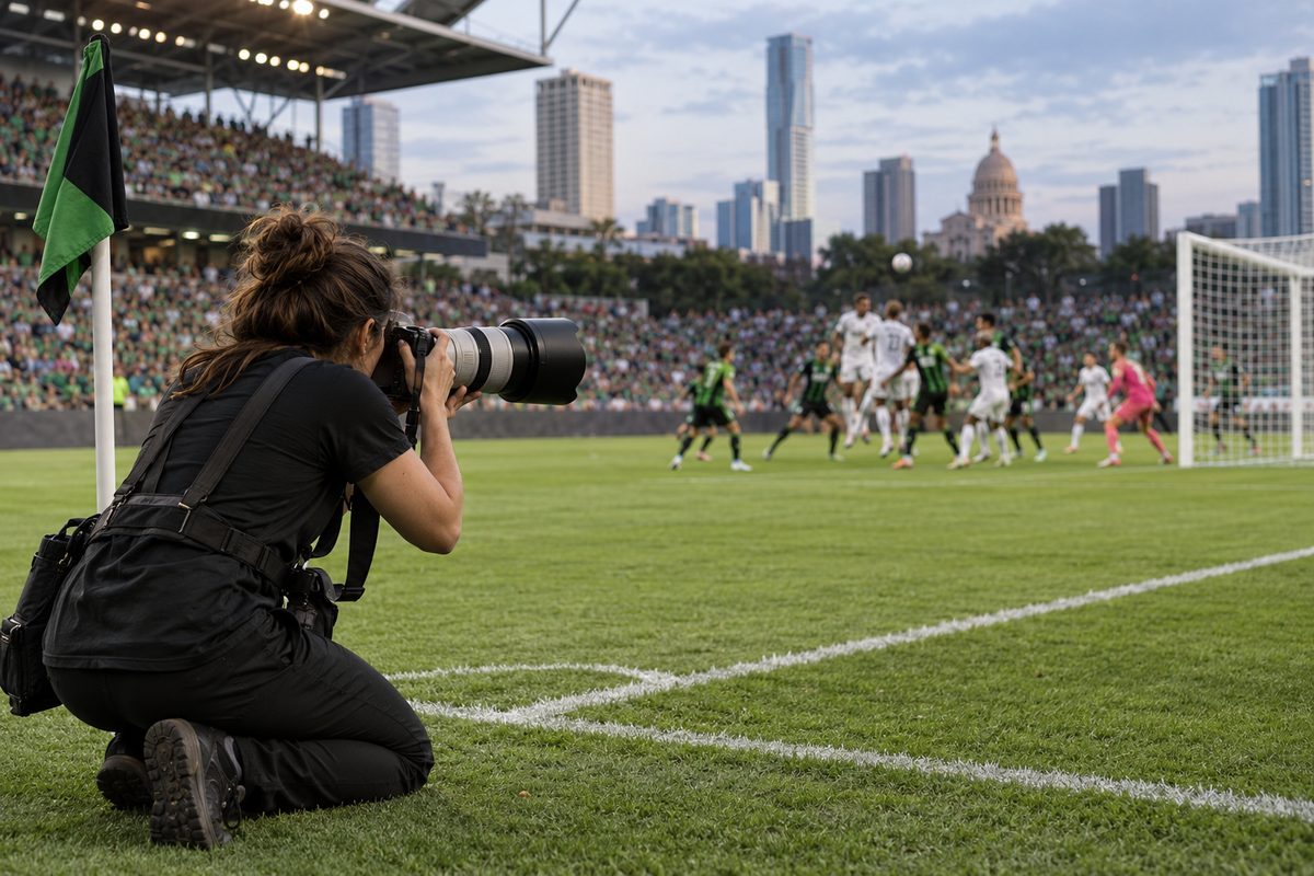 Sports photographer with prime telephoto lens tracking action near the penalty area.