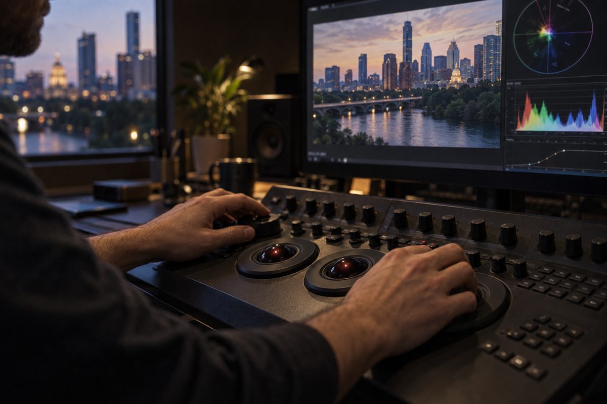 Video editor operating a color grading console to adjust match footage tone.